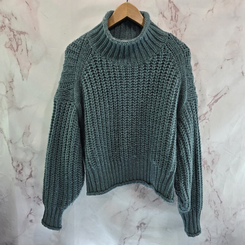H&M Sweater Womens Medium Blue Teal Boxy Chunky Oversized Crop Wool Blend